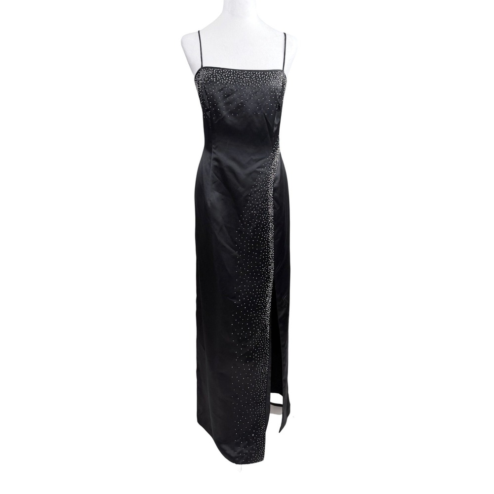 Morgan & Co Linda Bernell Gown Women 13/14 Black Beaded Satin Lace Up Back Y2K